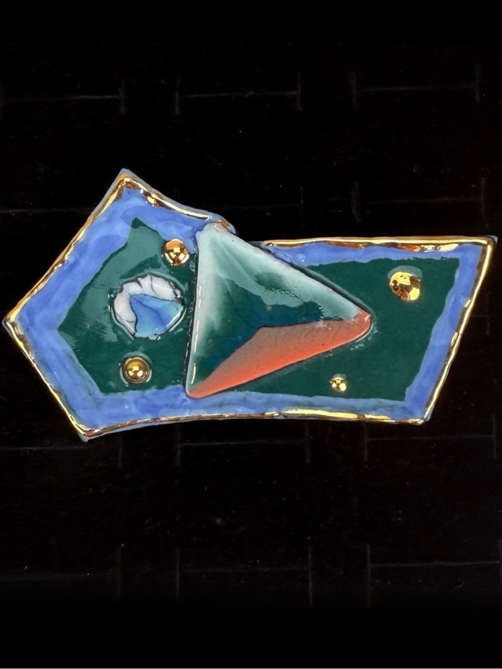 Vintage Goltone Blue Abstract Geometric Enamel Brooch